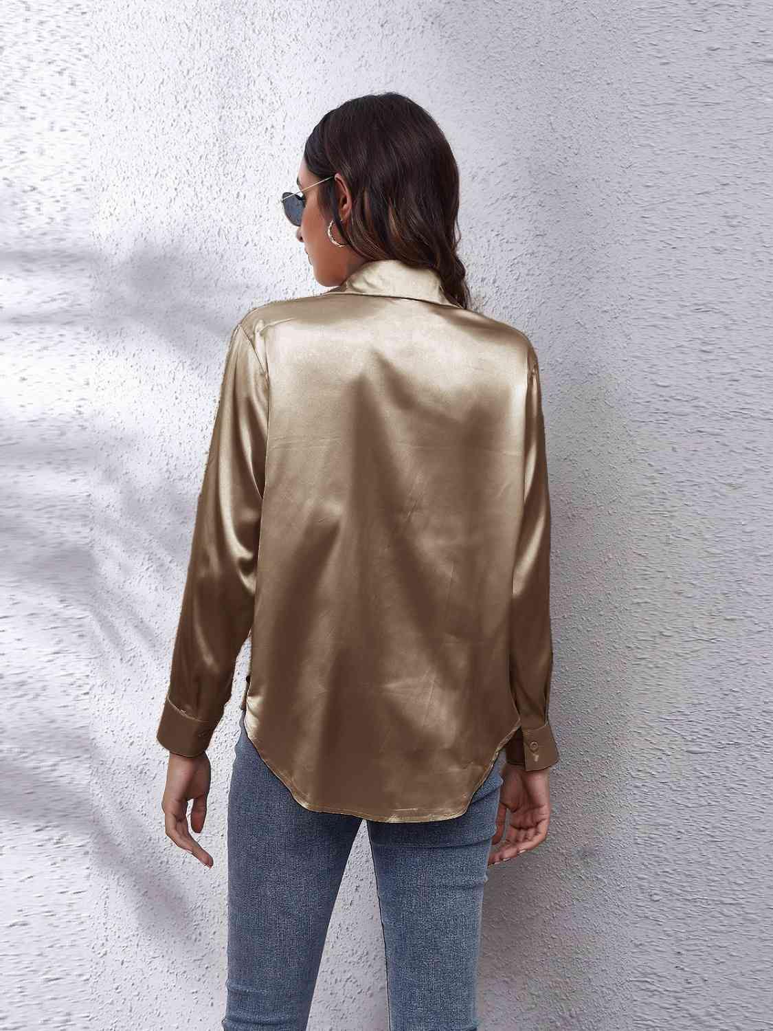 Collared Neck Buttoned Long Sleeve Shirt - Trendsi