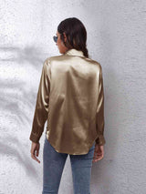 Collared Neck Buttoned Long Sleeve Shirt - Trendsi - Flyclothing LLC