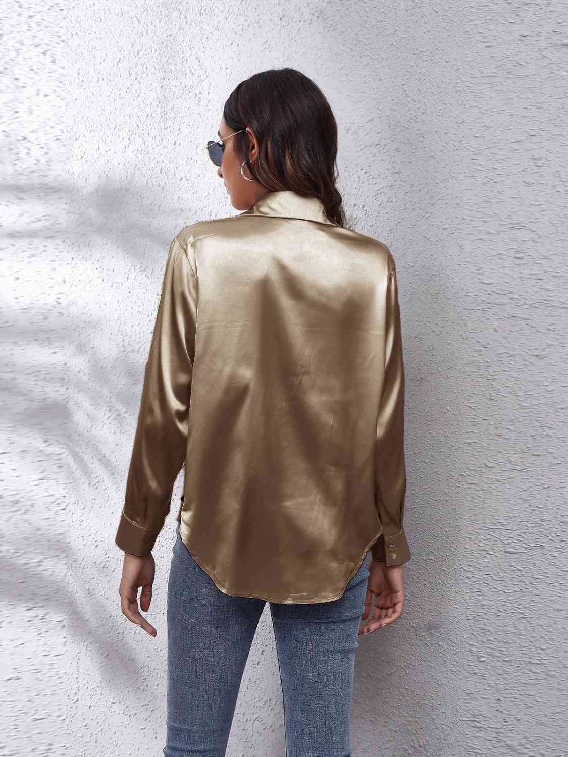 Collared Neck Buttoned Long Sleeve Shirt - Trendsi - Flyclothing LLC