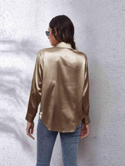 Collared Neck Buttoned Long Sleeve Shirt - Trendsi