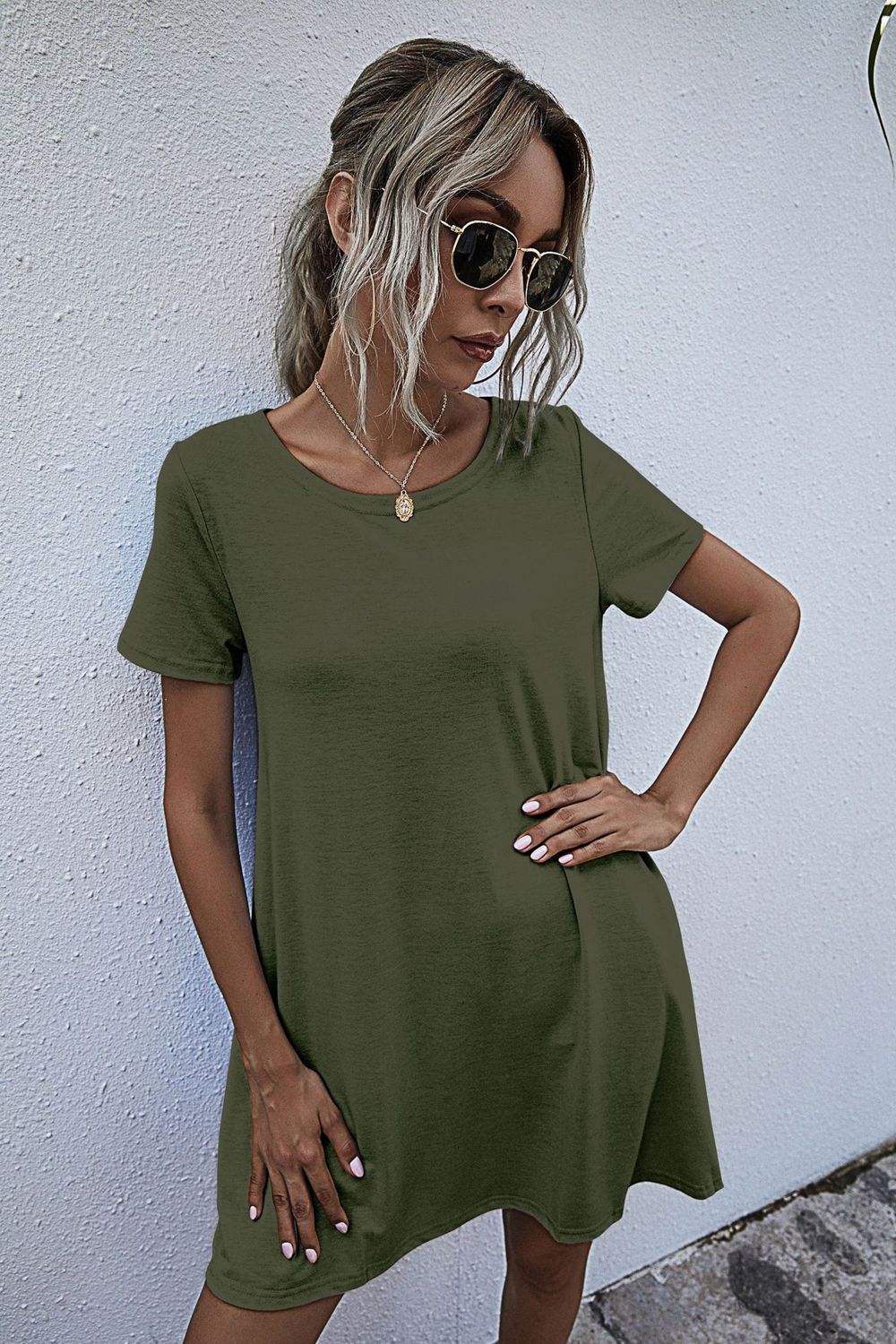 Round Neck Short Sleeve Mini Dress - Trendsi - Flyclothing LLC