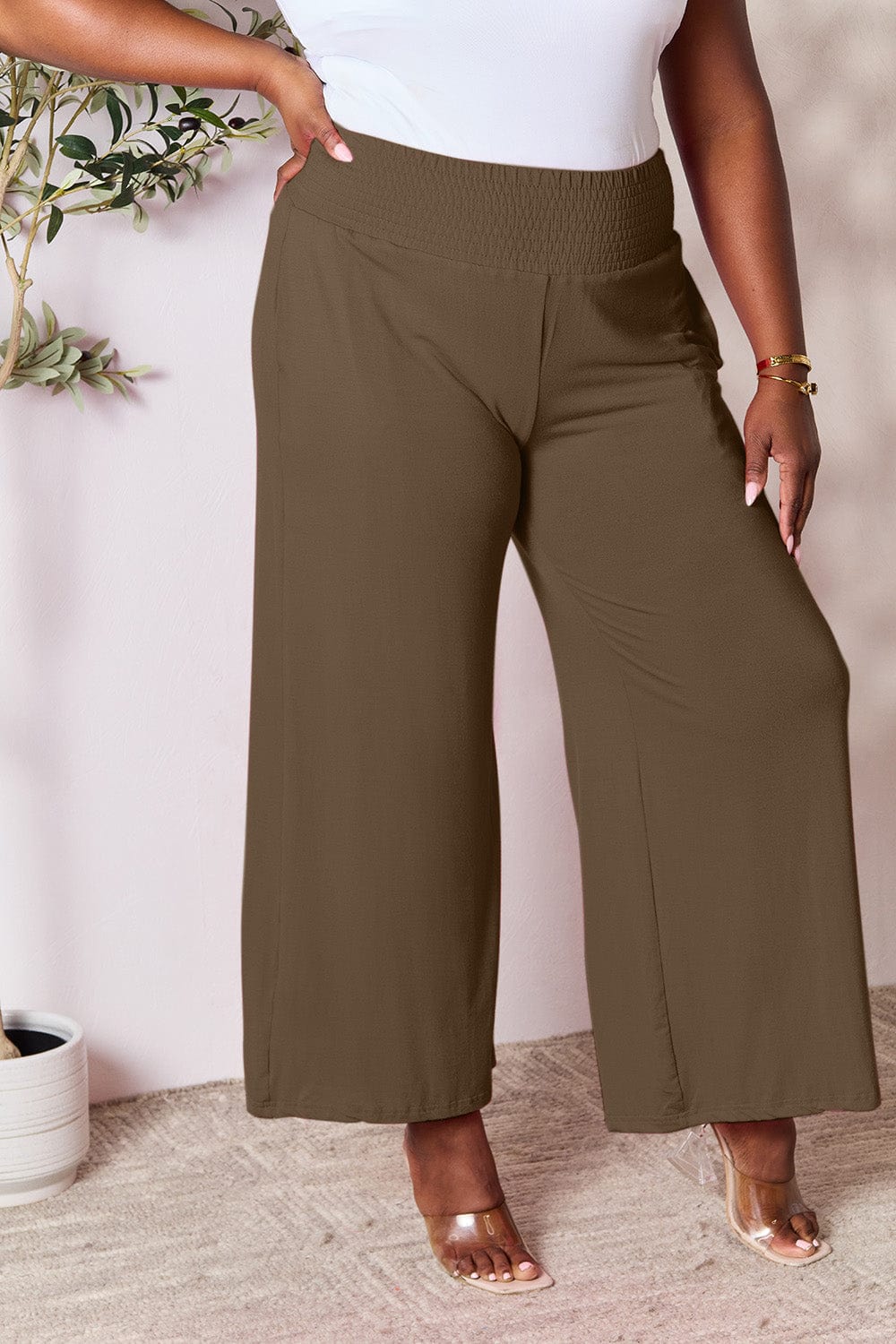 Double Take Full Size Smocked Wide Waistband Wide Leg Pants - Trendsi