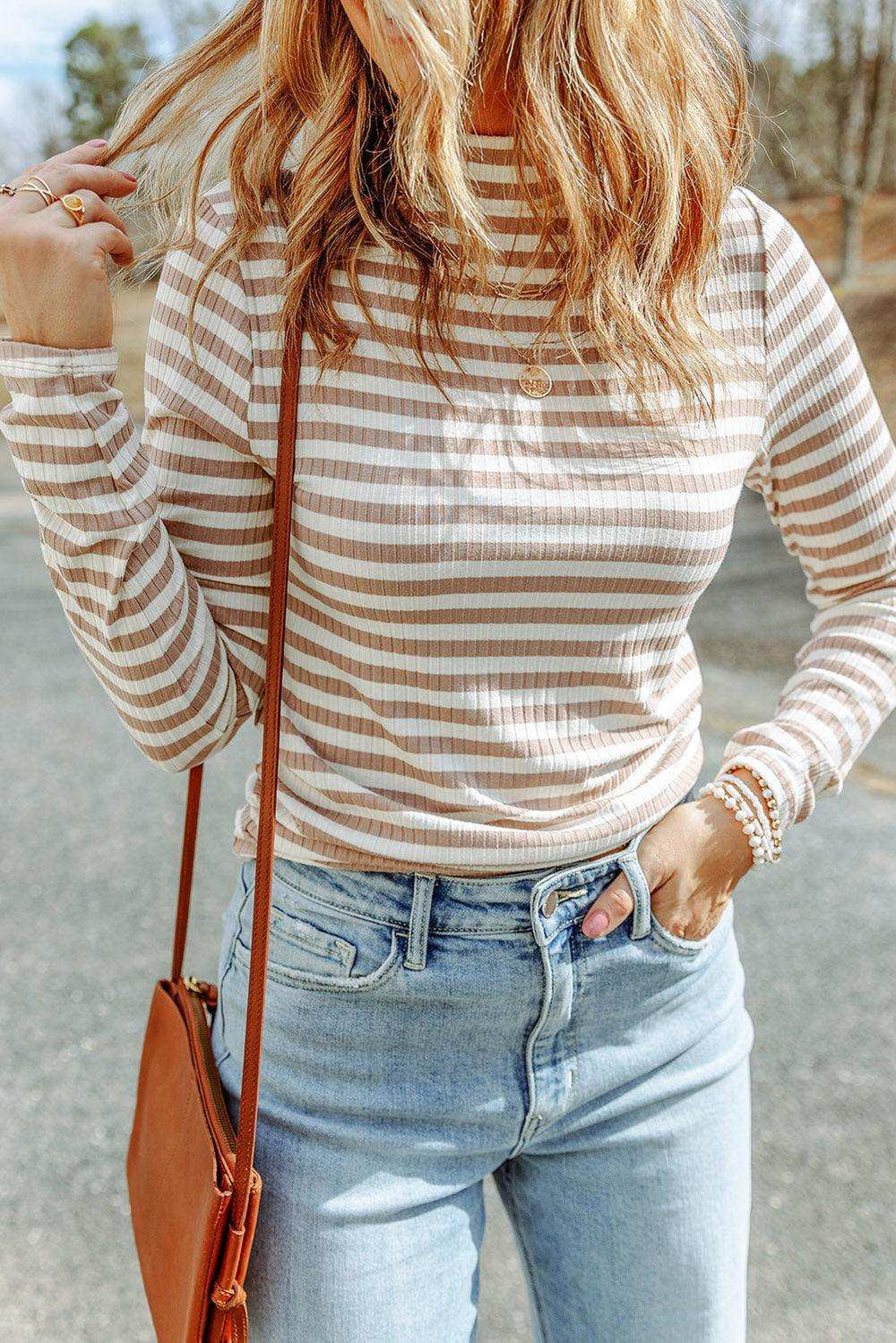 Striped Mock Neck Long Sleeve Top - Trendsi - Flyclothing LLC