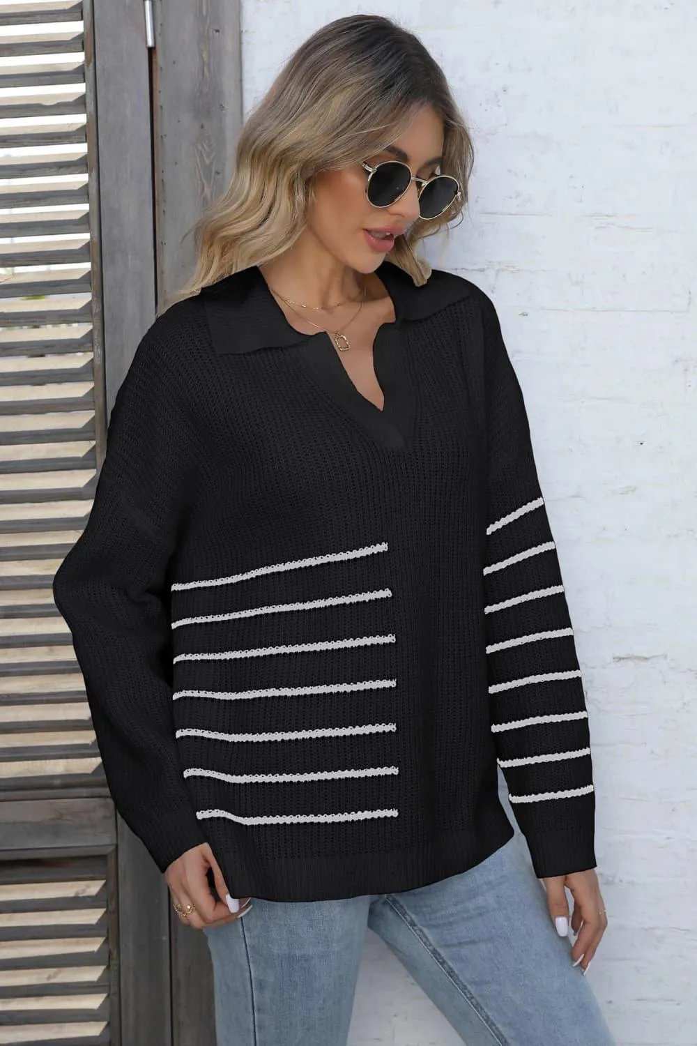 Ribbed Notched Neck Striped Long Sleeve Sweater - Trendsi - Flyclothing LLC