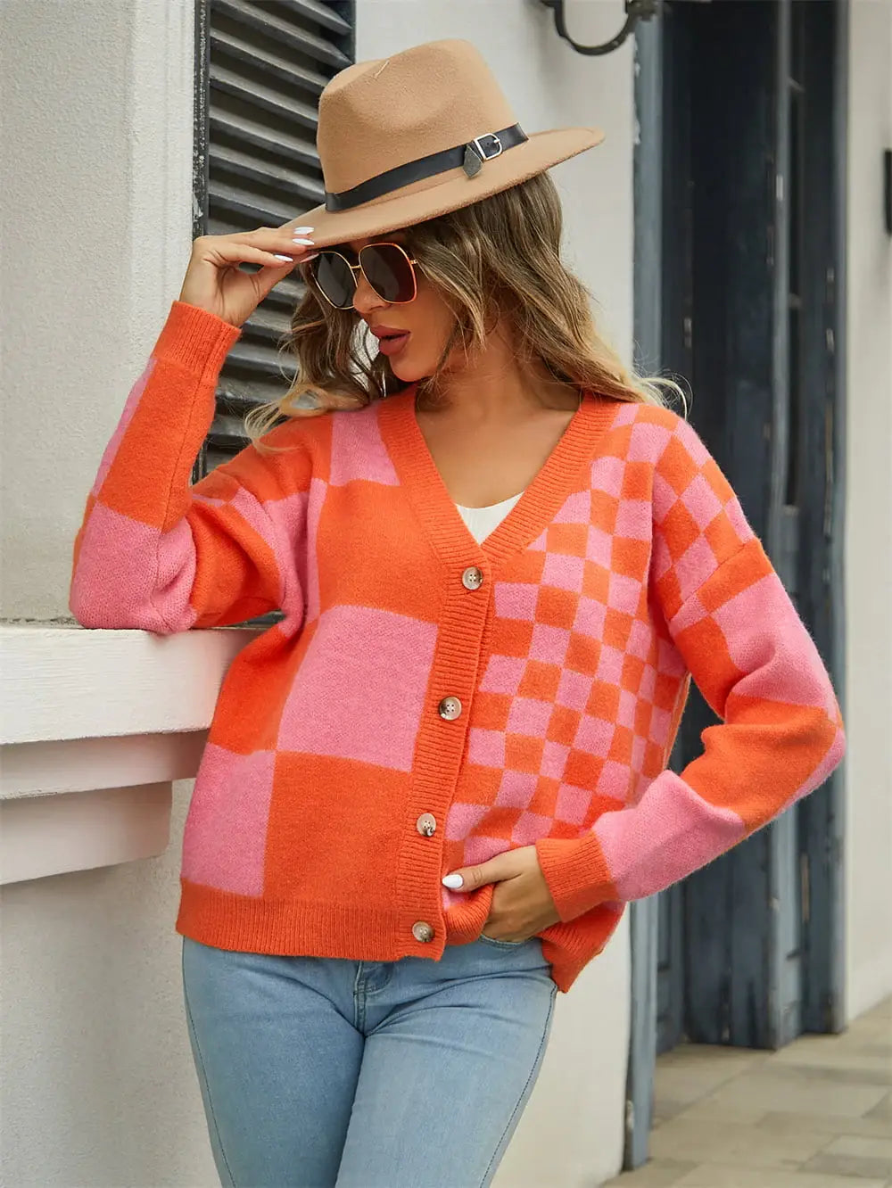 Plaid V-Neck Dropped Shoulder Cardigan - Trendsi - Flyclothing LLC