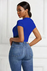 Round Neck Short Sleeve Bodysuit - Trendsi - Flyclothing LLC