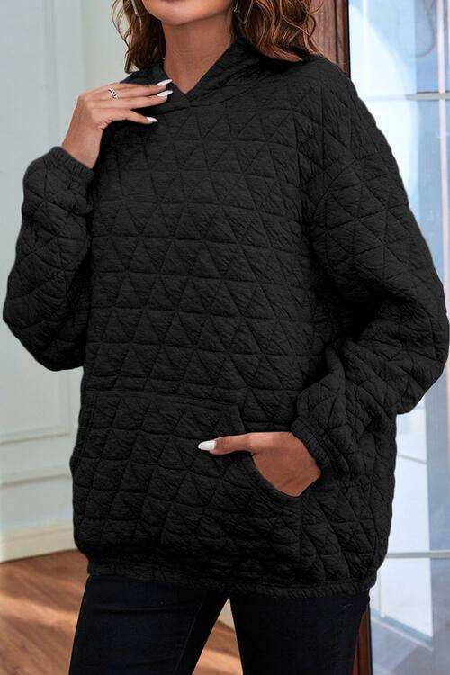 Quilted Long Sleeve Hoodie with Pocket - Trendsi - Flyclothing LLC