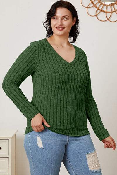 Basic Bae Full Size Ribbed V-Neck Long Sleeve T-Shirt - Trendsi - Flyclothing LLC