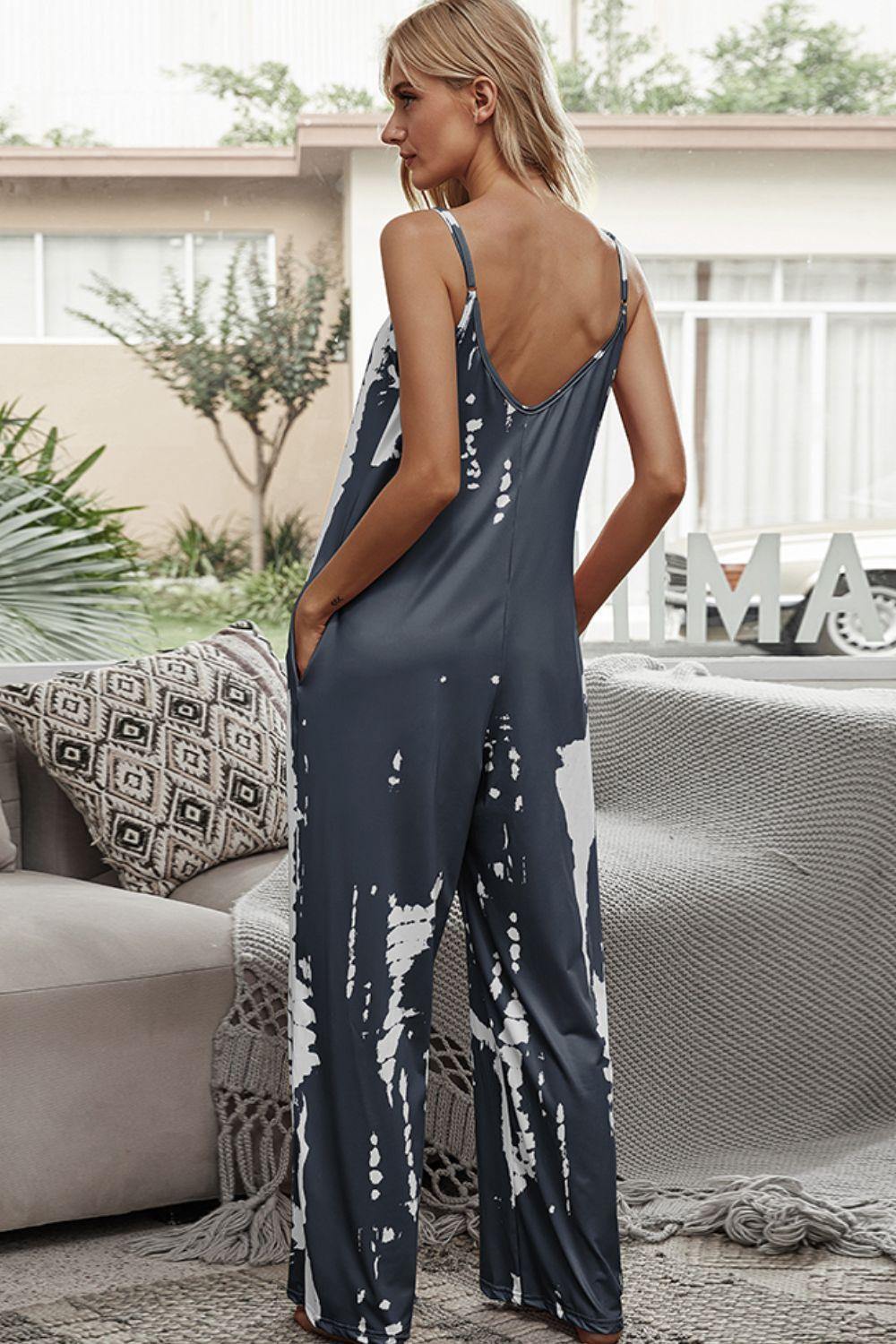 Tie-Dye Spaghetti Strap Jumpsuit with Pockets - Flyclothing LLC