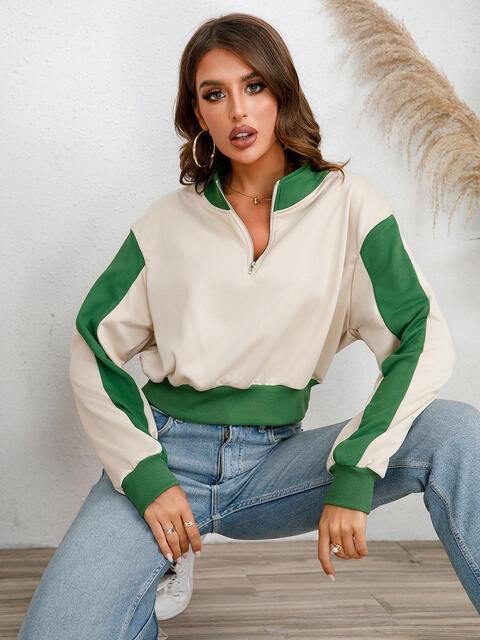 Contrast Half Zip Drop Shoulder Sweatshirt - Trendsi