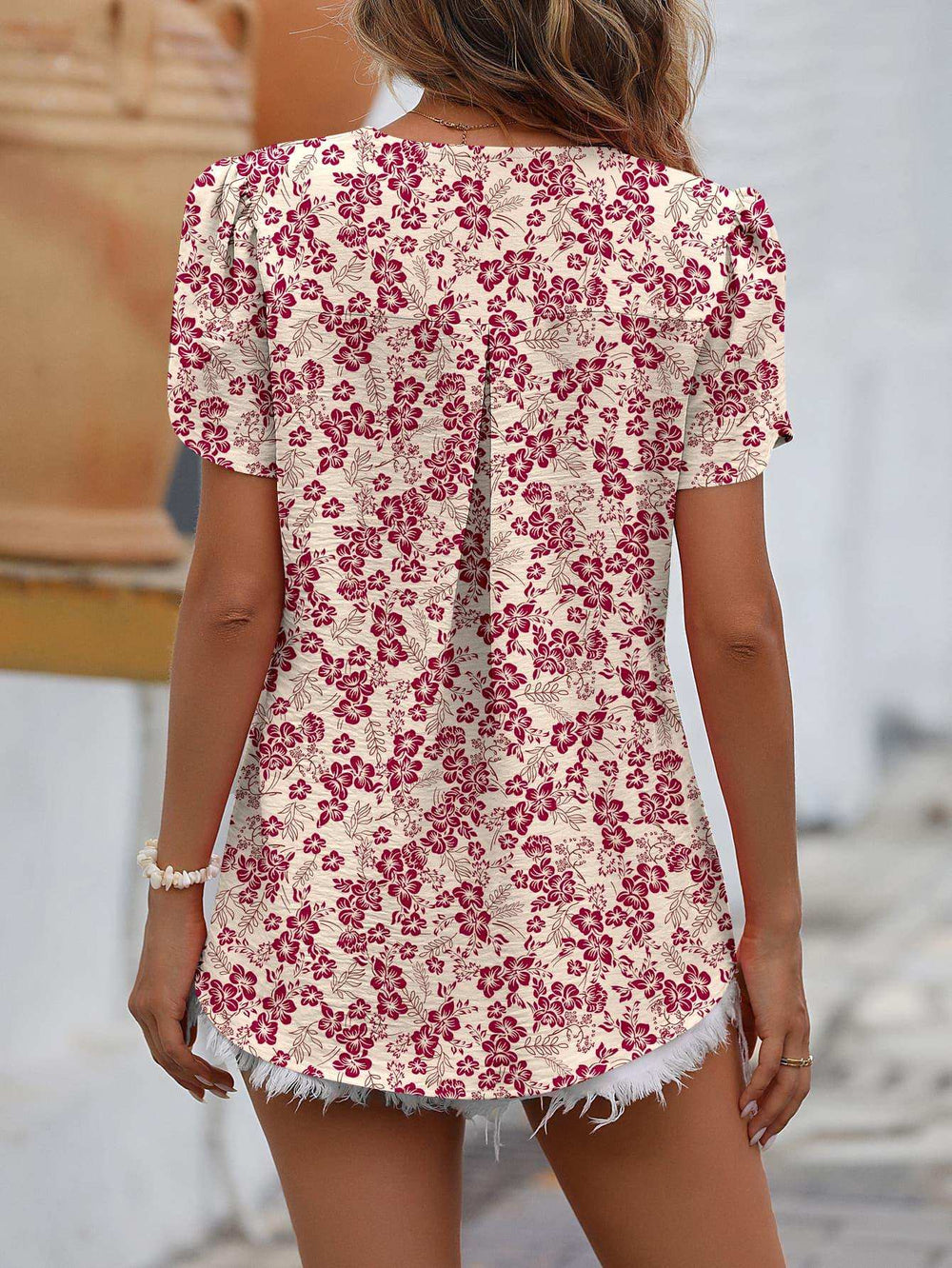 Ruche V-Neck Petal Sleeve Top - Trendsi - Flyclothing LLC