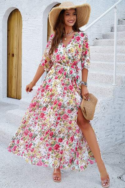 Printed Tied Half Sleeve Slit Dress - Trendsi - Flyclothing LLC