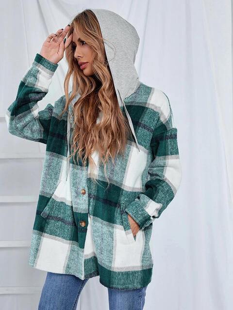 Plaid Hooded Jacket with Pockets - Trendsi