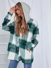 Plaid Hooded Jacket with Pockets - Trendsi