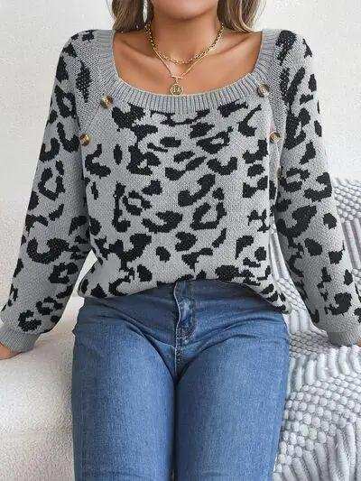 Leopard Buttoned Square Neck Sweater - Trendsi - Flyclothing LLC
