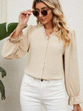 Button Up Flounce Sleeve V-Neck Shirt - Trendsi - Flyclothing LLC