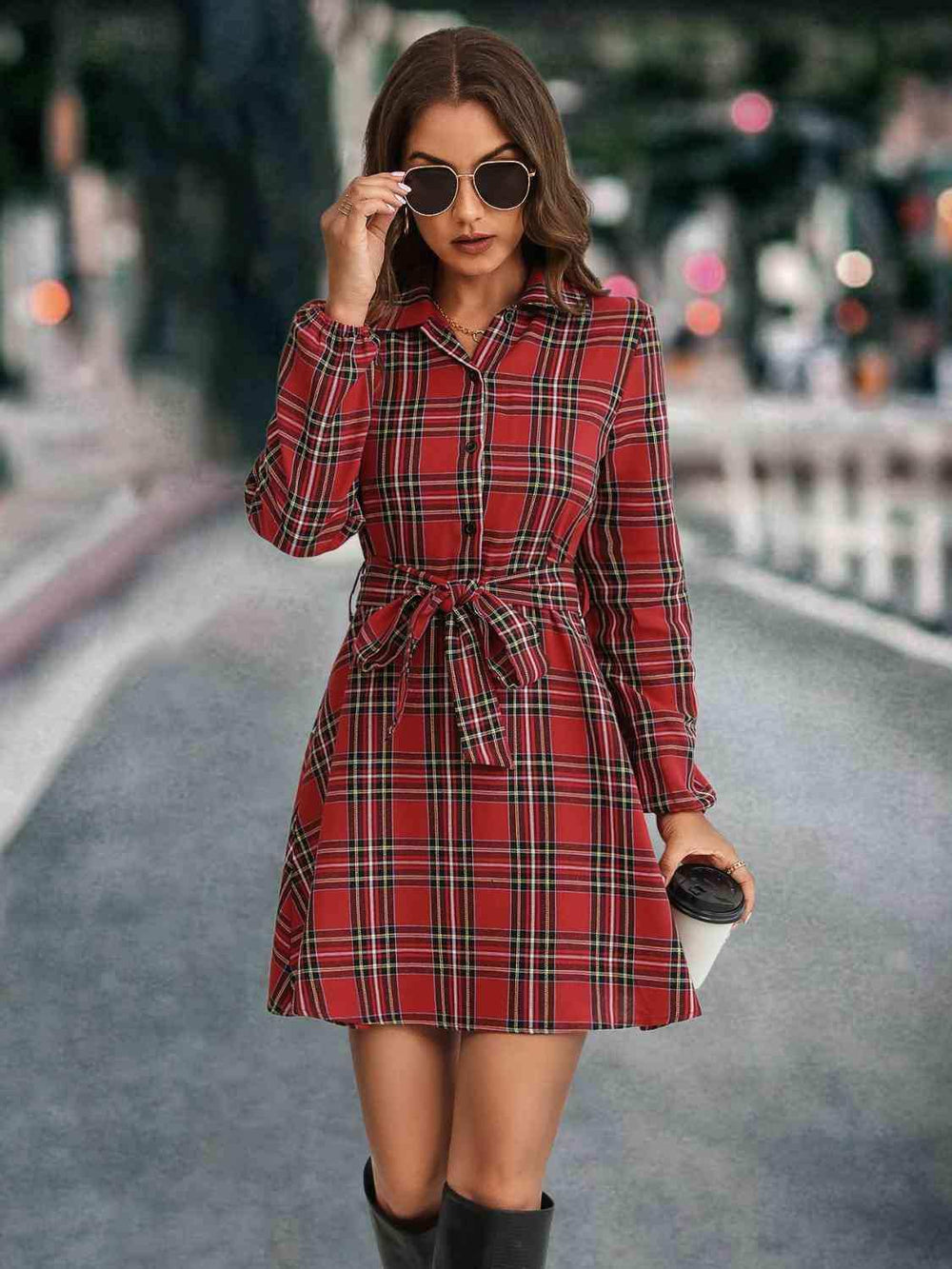 Plaid Tie Front Collared Neck Long Sleeve Dress - Trendsi - Flyclothing LLC