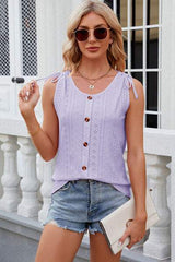Eyelet Round Neck Wide Strap Tank - Trendsi - Flyclothing LLC