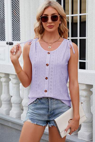 Eyelet Round Neck Wide Strap Tank - Trendsi - Flyclothing LLC