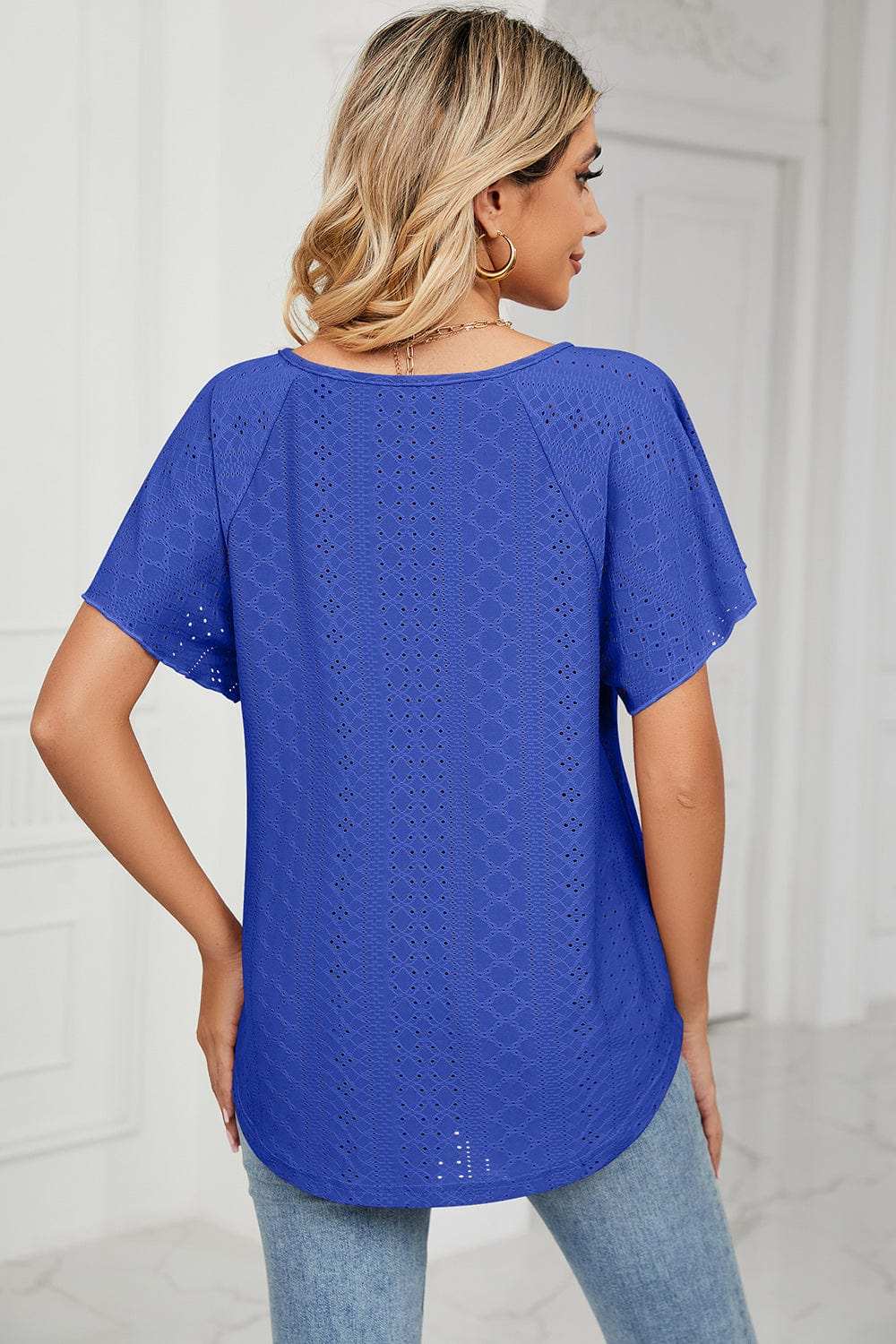 Eyelet Tie Neck Flutter Sleeve Blouse - Trendsi - Flyclothing LLC