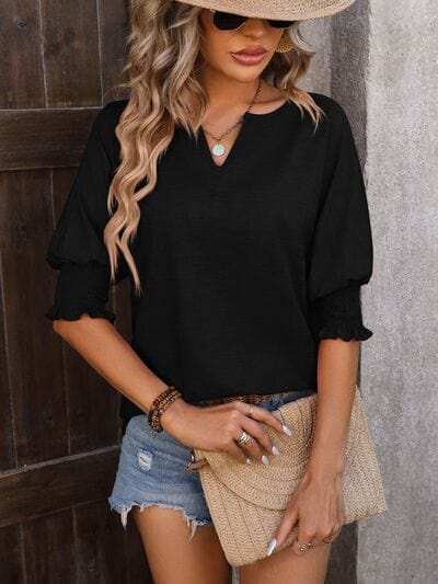 Heathered Notched Lantern Sleeve Blouse - Trendsi - Flyclothing LLC