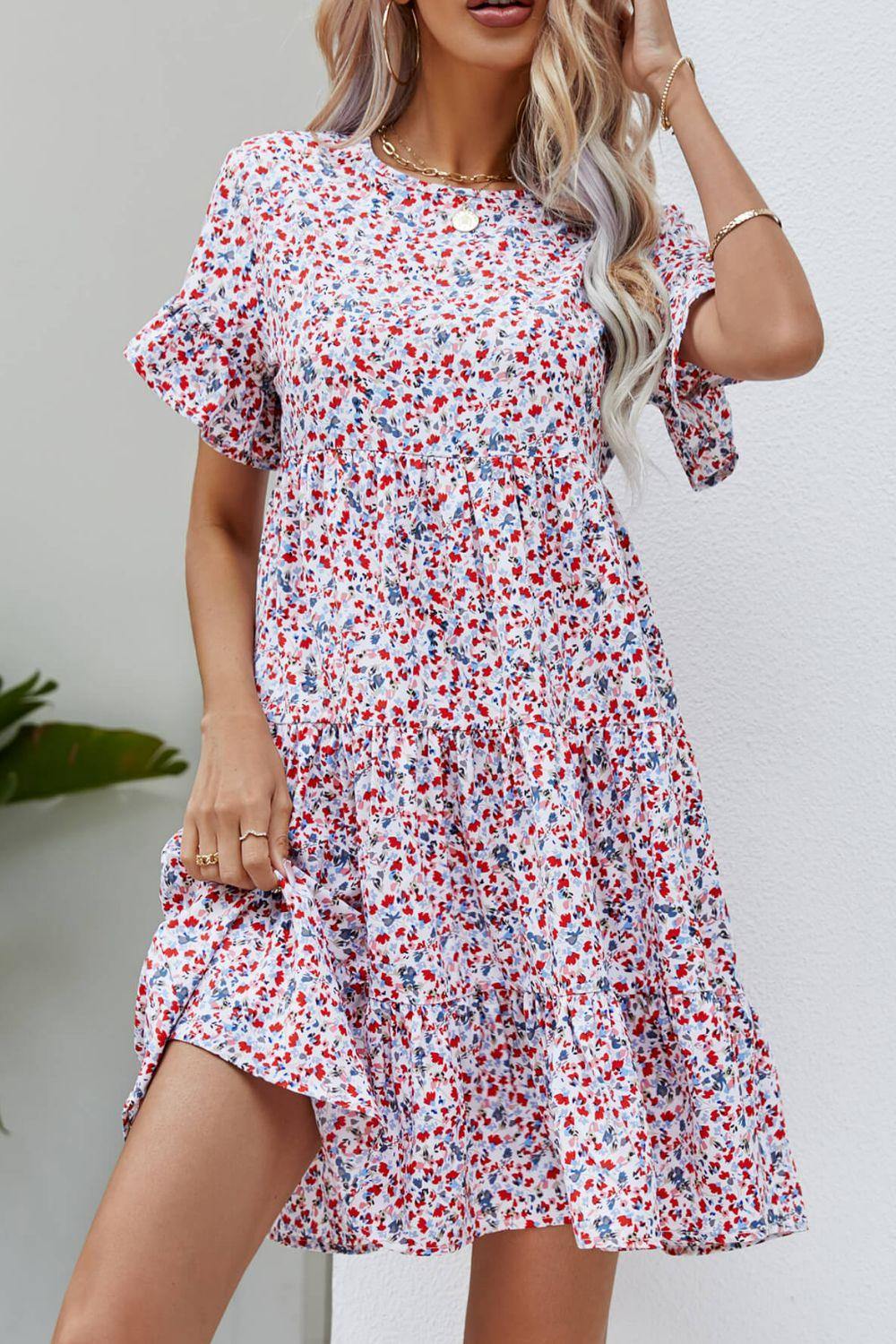Ditsy Floral Flounce Sleeve Tiered Dress - Trendsi