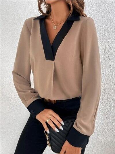 Contrast Trim V-Neck Long Sleeve Blouse - Trendsi