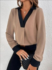 Contrast Trim V-Neck Long Sleeve Blouse - Trendsi