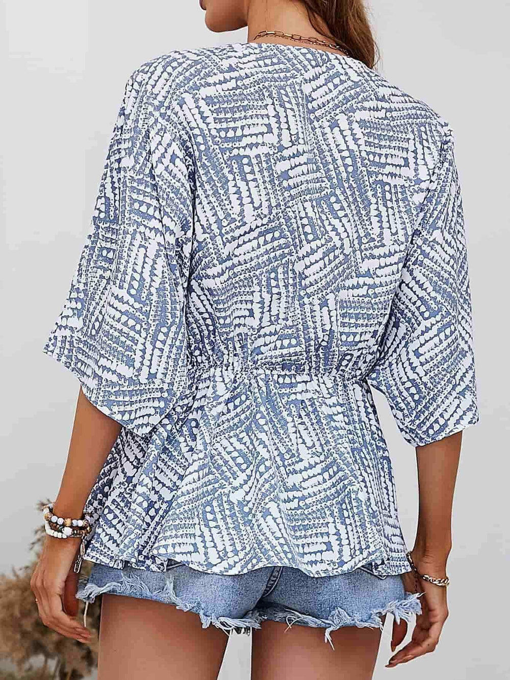 Printed V-Neck Dolman Sleeve Blouse - Trendsi - Flyclothing LLC