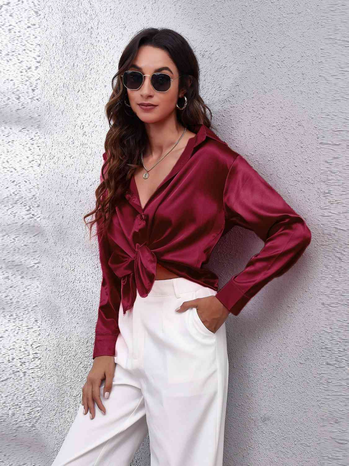Collared Neck Buttoned Long Sleeve Shirt - Trendsi - Flyclothing LLC