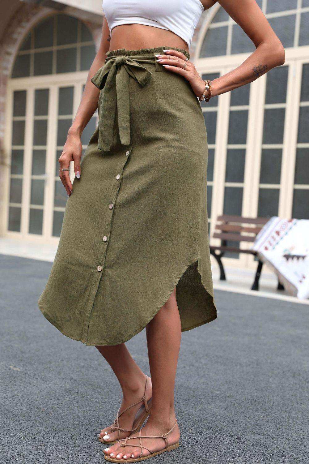 Tie Belt Frill Trim Buttoned Skirt - Trendsi - Flyclothing LLC