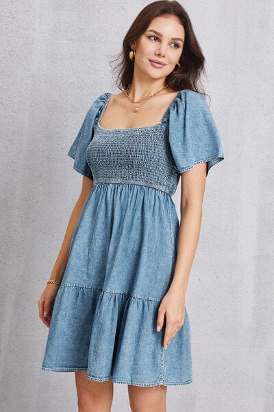 Smocked Square Neck Mini Denim Dress - Flyclothing LLC