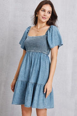 Smocked Square Neck Mini Denim Dress - Flyclothing LLC
