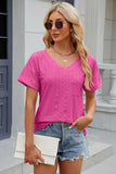 Eyelet V-Neck Short Sleeve T-Shirt - Trendsi