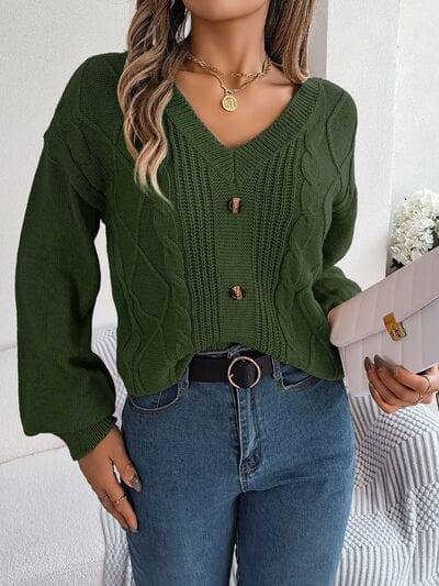 Cable-Knit Buttoned V-Neck Sweater - Trendsi