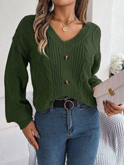 Cable-Knit Buttoned V-Neck Sweater - Trendsi