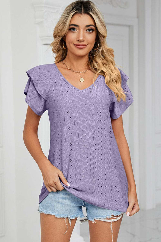 Eyelet V-Neck Short Sleeve T-Shirt - Trendsi - Flyclothing LLC