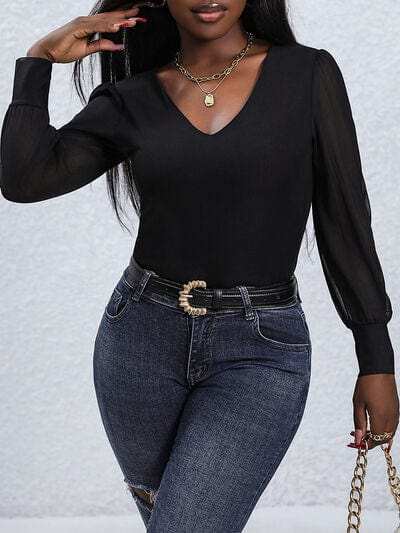 V-Neck Long Sleeve Bodysuit - Trendsi - Flyclothing LLC