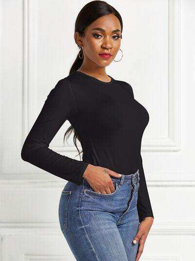 Round Neck Long Sleeve Bodysuit - Trendsi - Flyclothing LLC