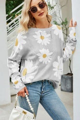 Daisy Print Openwork Round Neck Sweater - Trendsi