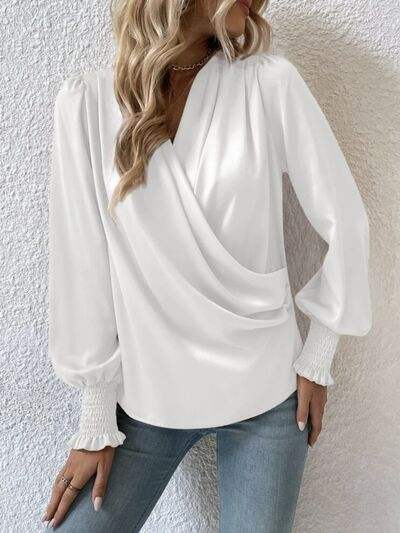 Surplice Smocked Lantern Sleeve Blouse - Trendsi - Flyclothing LLC
