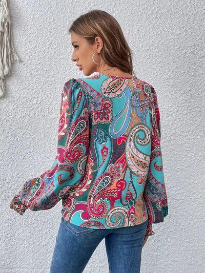 Printed Surplice Smocked Lantern Sleeve Blouse - Trendsi