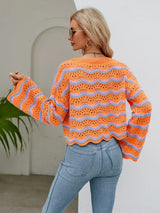 Round Neck Openwork Flare Sleeve Knit Top - Trendsi - Flyclothing LLC