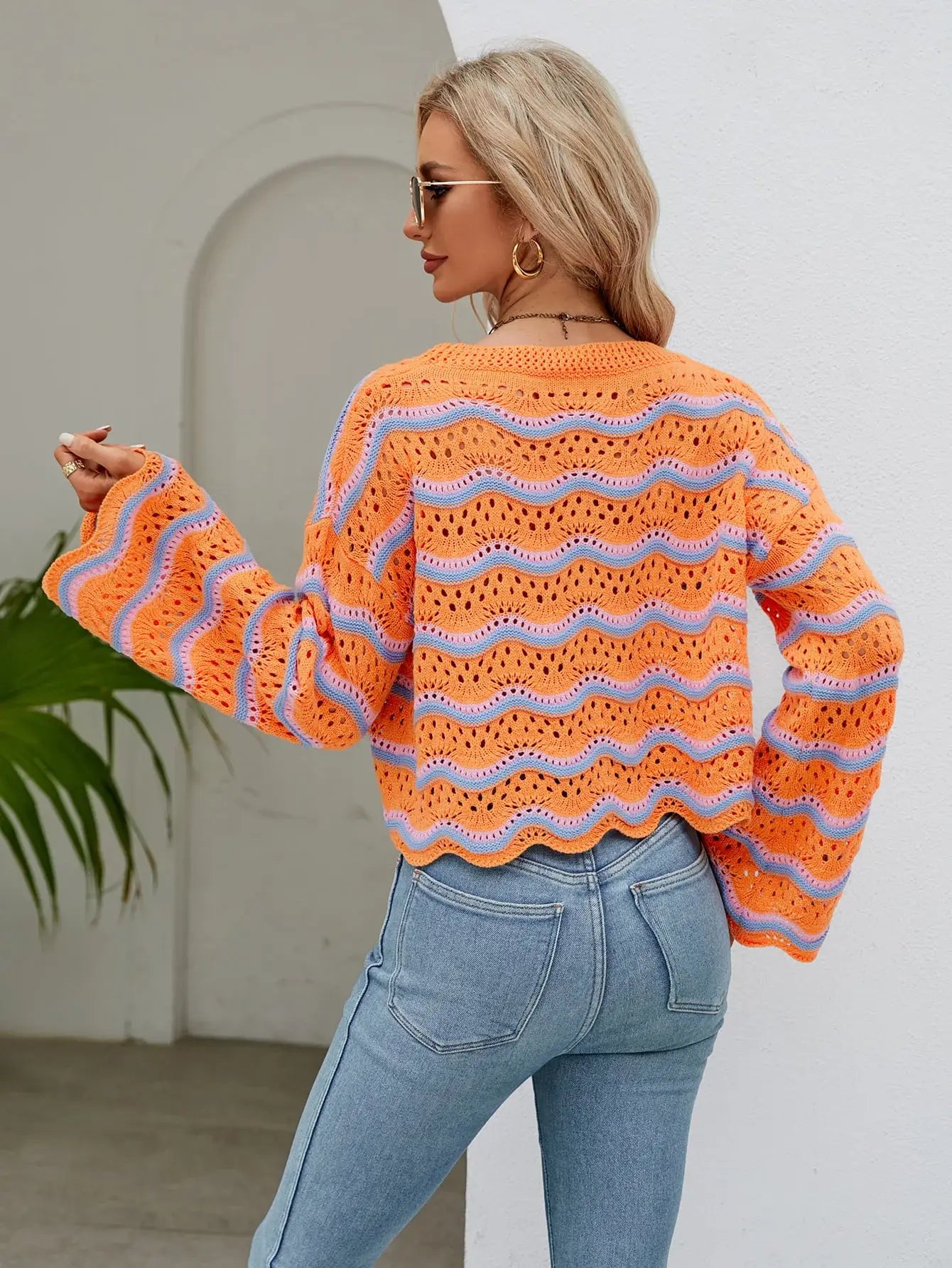 Round Neck Openwork Flare Sleeve Knit Top - Trendsi - Flyclothing LLC