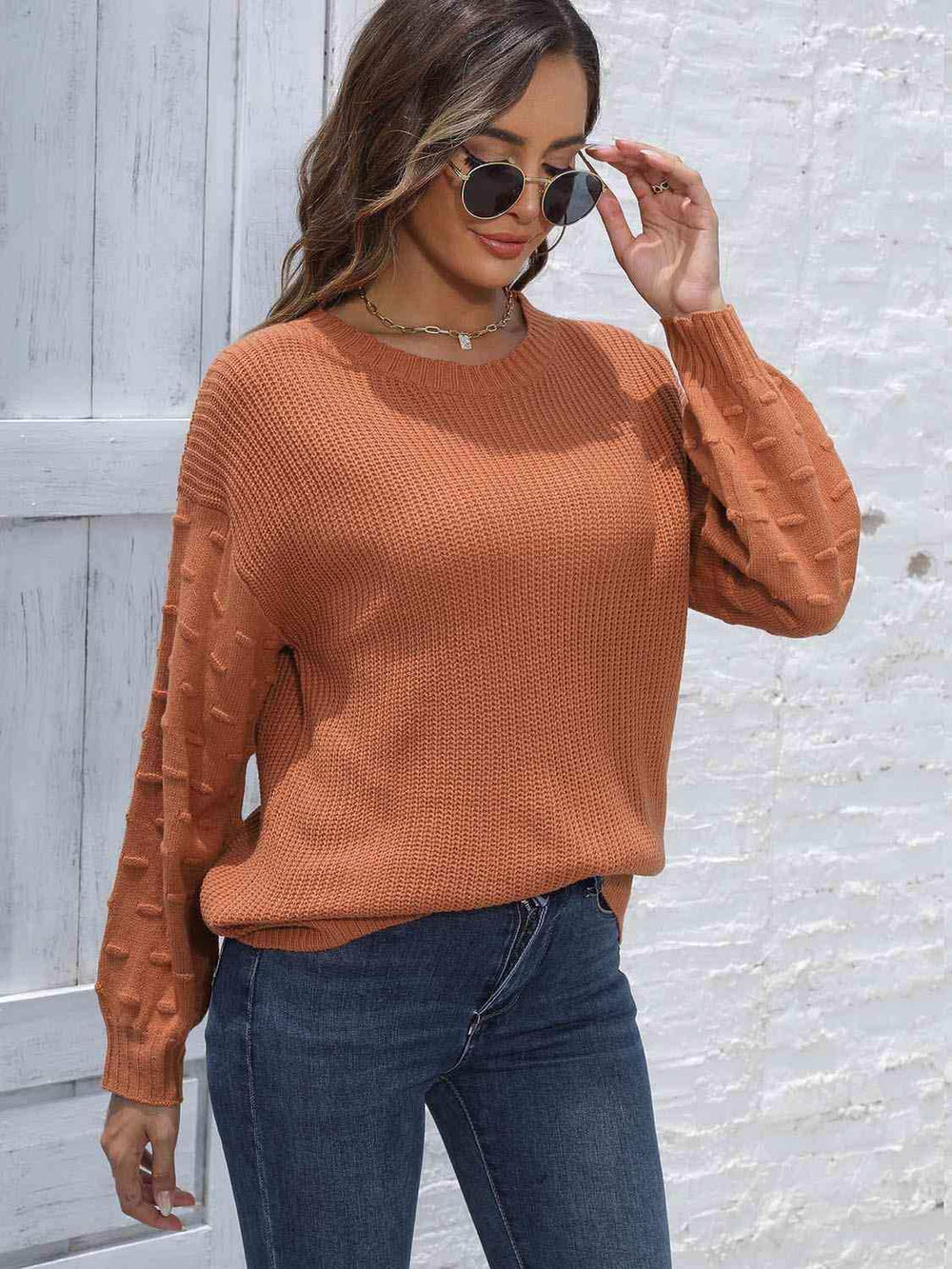 Round Neck Dropped Shoulder Sweater - Trendsi - Flyclothing LLC