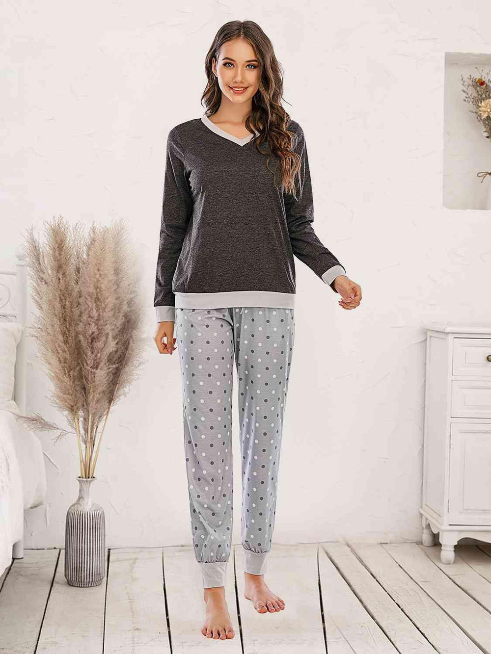 Long Sleeve Top and Polka Dot Pants Set - Trendsi