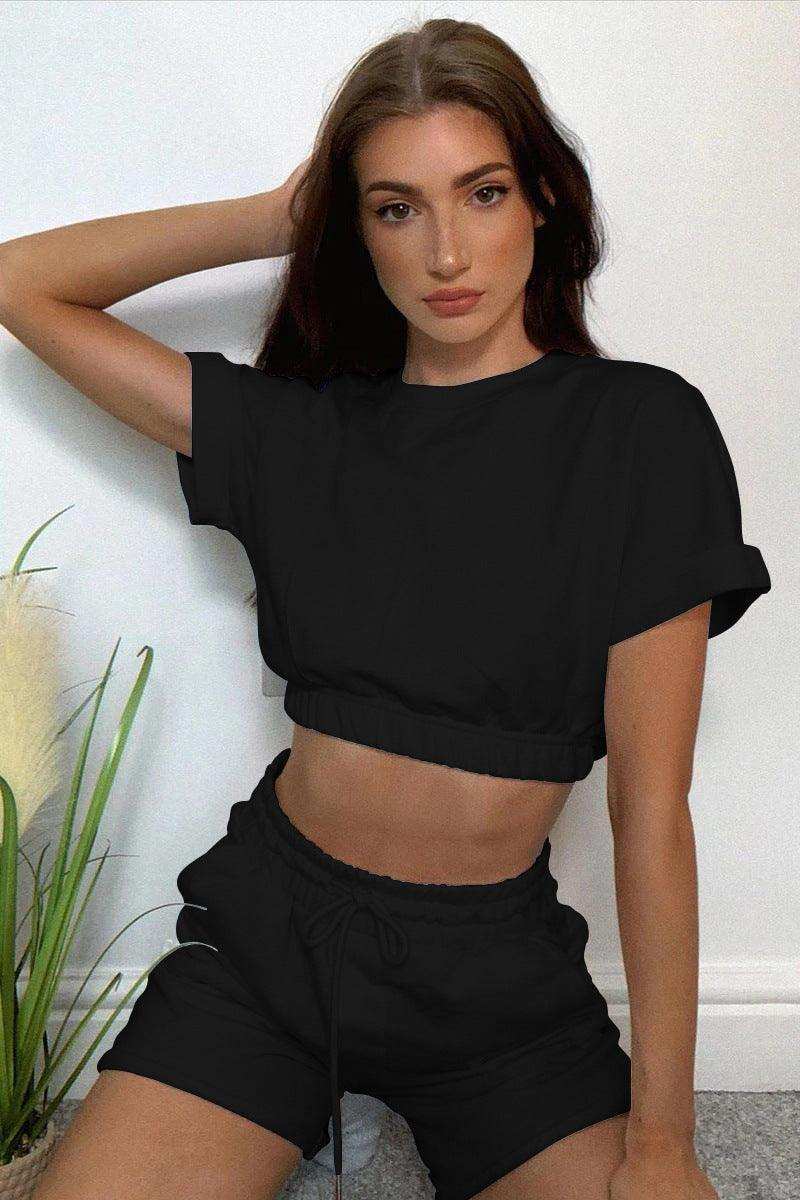 Short Sleeve Cropped Top and Drawstring Shorts Lounge Set - Trendsi - Flyclothing LLC