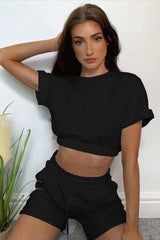 Short Sleeve Cropped Top and Drawstring Shorts Lounge Set - Trendsi - Flyclothing LLC