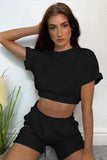 Short Sleeve Cropped Top and Drawstring Shorts Lounge Set - Trendsi