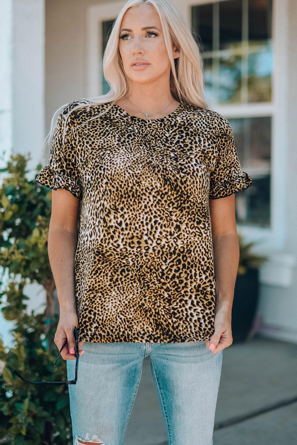 Women Leopard Short Flounce Sleeve Tee - Flyclothing LLC